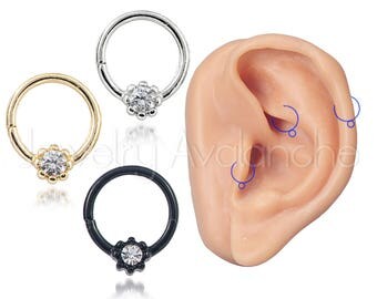 18G Tribal Helix Earring, Tragus Hoops, Nostril Ring, Rook Earring, CZ Accented 5/16" (8mm) Nose Hoop Ring, Body Jewelry, Titanium Anodized