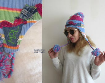 Earflap Hat Women Pompom Beanie Patchwork Hat Rainbow Hat Tam Hat Upcycled Clothing Earflap Beanie Applique Beanie Unique Hat Recycle Denim