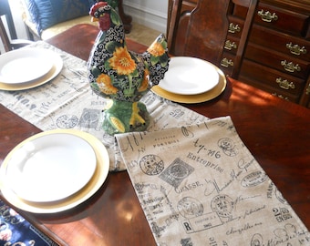 Reserved-Script Table Runner, Paris Market, French Stamp Table Cloth, 14''x60'' Script Bed Runner, Buffet/Dresser Scarf, Dining/Banquet