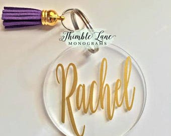 Monogram Keychain, Monogrammed Keychain with Tassel, Monogrammed Luggage Tag, Personalized Keychain, Circle Keychain, Keychain with Tassel