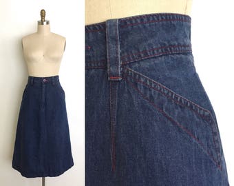 vintage 1960s skirt | 60s red stitch denim skirt