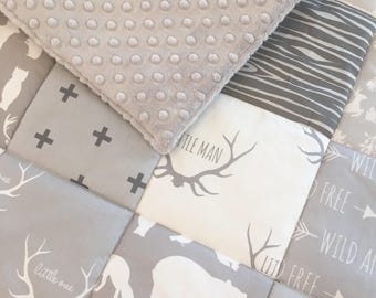 Grey Woodland Little Man Baby Blanket - Patchwork Style - Scandi Nursery - Scandinavian - White Grey - Cot Bedding - Wild and Free