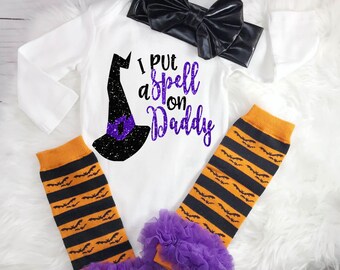 Baby Girl Halloween Outfit Baby Girl Halloween Costume I Put a Spell On Daddy Halloween Girl Outfit Halloween Bodysuit Leg Warmers