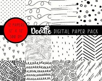 ON SALE Black and White Doodle Paper, Black and White Digital Paper, Black and White Digital Doodle Paper, Black and White Scrapbook Paper