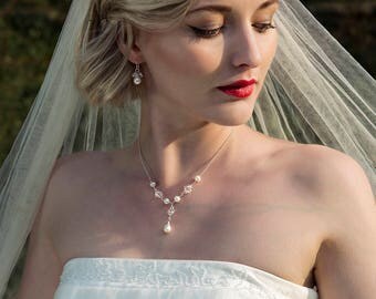 Pearl bridal necklace crystal necklace, freshwater pearl bridal jewelry pearl drop necklace, delicate bridal necklace - Flora