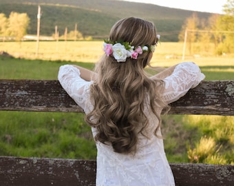 Pink floral crown. Pink and white flower crown. Pink wedding circlet. Pink and white bridal wreath. Pink bridal crown Boho wedding crown