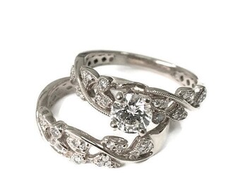 Engagement Set White Gold, Wedding Set, Wedding Ring Set, Wedding Band Set, Ring Set, Leaf Ring, Vintage Ring, Antique RIng, jewelry set