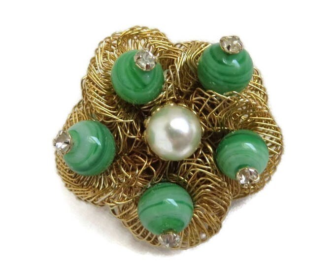 Weiss Bird's Nest Brooch, Vintage Art Glass, Gold Tone Pin, Faux Pearl Rhinestone Pin, Signed Designer Jewelry