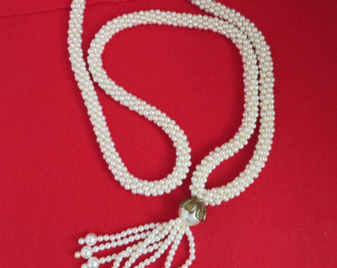 Faux Pearl Tassel Necklace, Vintage White Beaded Necklace, Long Necklace, Multistrand Necklace