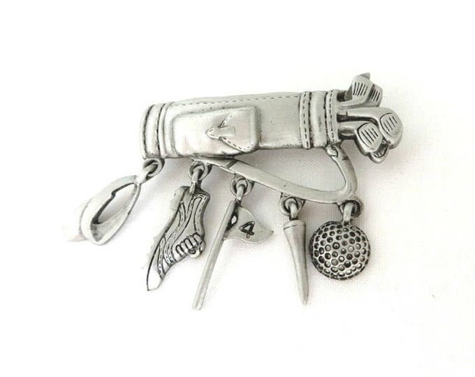 Golf Bag Brooch, Pewter Pin, Vintage Signed J Jonette Pin, Dangling Golf Accessories, Golfer Gift