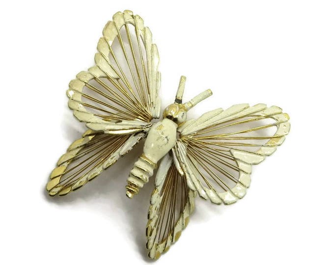 Vintage Cream Butterfly Brooch - Monet Cream Enamel Pin, Gold Tone 1960s, Insect Pin, Gift Box