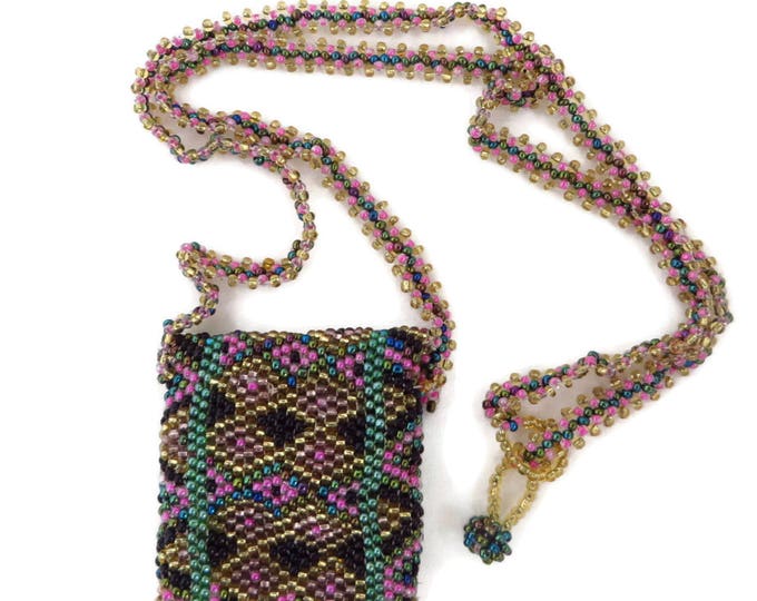 Beaded Mini Purse Necklace, Vintage Geometric Design Tiny Purse, Mini Handbag Pendant