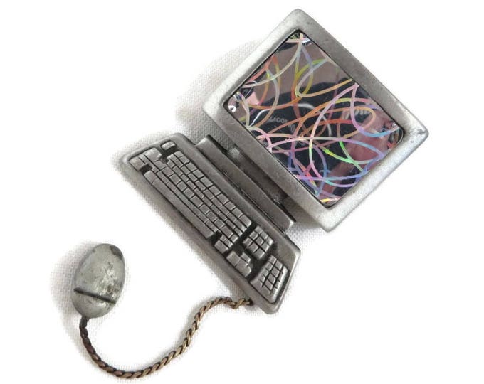JJ Computer Brooch, Vintage Pewter Silver Tone PC, Mouse, Colorful Pin, Gift for Her,