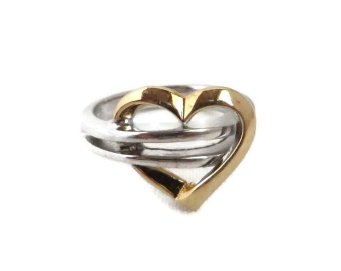 Sterling Silver Heart Ring, Vintage Two Tone Silver Ring Size 6.75-7, Valentine's Day Gift