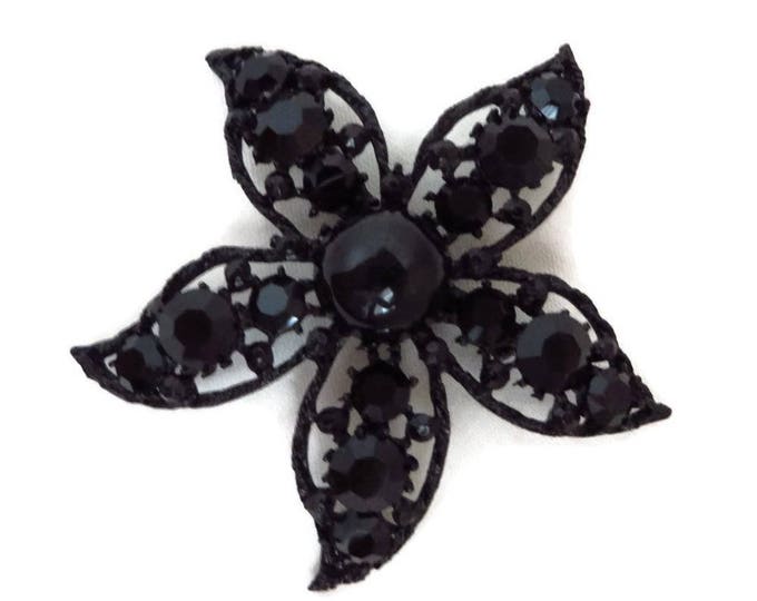 Weiss Mourning Brooch - Jet Black Glass, Rhinestone Flower Pin, Signed Designer Brooch