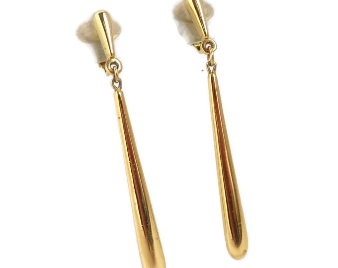Long Dangling Earrings, Vintage Clip-ons, Crown Trifari Dangling Rod Earrings, Vintage Shiny Gold Tone Clip-on Earrings
