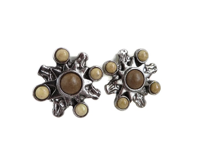 Vintage Earrings, Silver Tone Brown Bead Earrings, Signed Robert Rose Clip-on Earrings, 70s Retro Jewelry