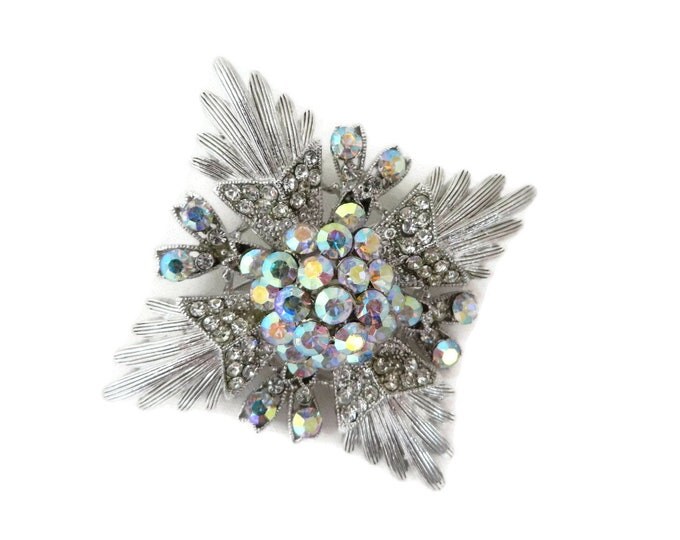 Pendant Brooch, AB Rhinestone Silver Tone Pendant Brooch, Vintage Signed ROM Floral Pendant Pin, Bridal Jewelry, Gift for Her