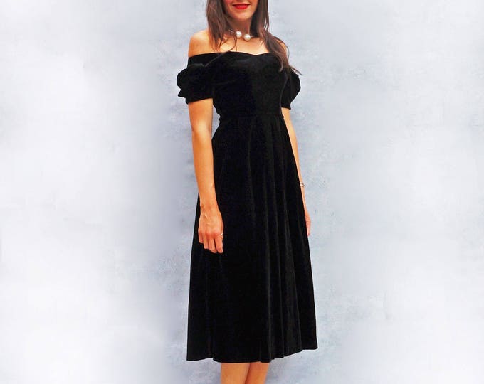 Black Formal Dress, Vintage 80s Dress, Laura Ashley Dress, Black Midi Dress, Black Bardot Dress, Evening Dress Velvet Off The Shoulder Dress