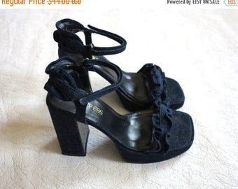ON SALE Chunky Blue Denim Platform Shoes Bohemian Hippie Blue Jean Sandals Vintage 90s Sandals USA 7.5 Eur 38 Uk 5