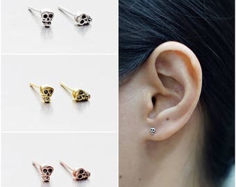 925 Sterling Silver Oxidized Earrings, Tiny Skulls Earrings, Gold Plated Earrings, Rose Gold Plated Earrings, Stud Earrings (Code : K15A)
