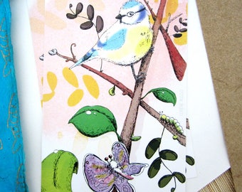 Illustrated postcard, bird, blue tit
