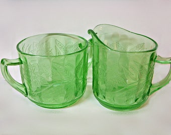 JEANNETTE FLORAL POINSETTIA Uranium Green Glass Cream and Sugar