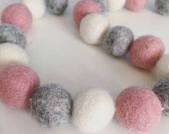 Pastel pink, soft grey and ivory felt ball garland