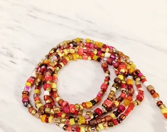 Waist Beads, Single Strand | Color: Sunset |*Extended Sizes Available | Summer Body Beach Festival Jewelry - Red, Yellow Multicolor