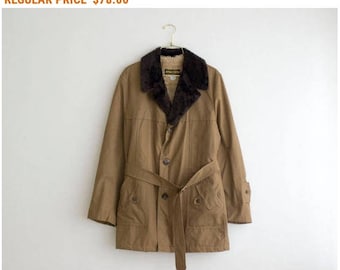 70's Trench Coat, Vintage Shearling Coat, Brown Military Jacket with Faux Fur Collar, Unisex Rain Coat size Medium Large