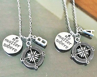 SALE - Set of 2 Compass Necklace, No Matter Where, Friendship Necklace, Bff Necklace, Initial Necklace, Couple Necklace, Gift.