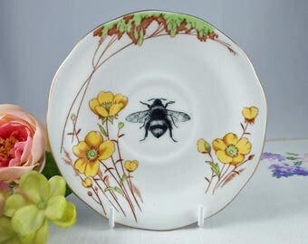 Vintage China Bee Saucer - upcycled vintage bumble bee, honey bee, altered china, bee art, vintage decor,