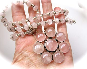 Beautiful Natural Rose Quartz Crystal Beaded Sterling Silver Pendant Necklace