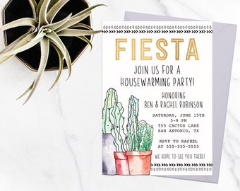 Cactus Housewarming Invitation, Gold Fiesta Housewarming Party Invite Download, Southwest Succulent Invitation, Watercolor Cactus, New House