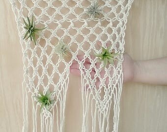 Vertical air planters Boho cotton macrame wall tapestry Driftwood wall hanger Air plant wall hanging Tropical home decor Macrame decorative
