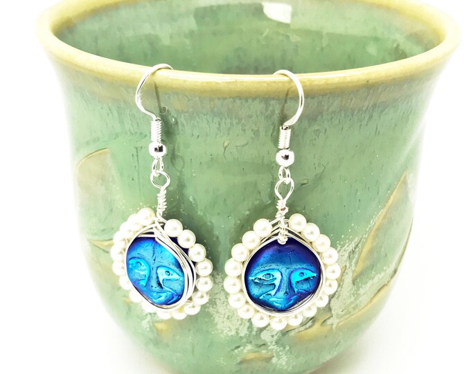 Blue Face earrings, Moon face earrings, blue earrings, moon face dangle, Iridescent moon face earrings, Two-sided blue earrings