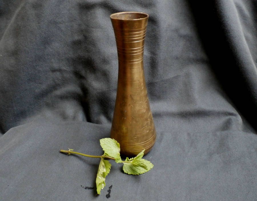 Gold Bud Vase Small Solid Brass Vase Vintage Floral Etched