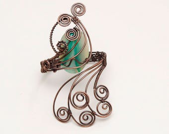 Antique Copper Wire wrapped bracelet cuff , Handmade bracelet cuff,green onyx cabachon Antique copper wire wrapped bracelet cuff
