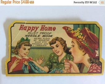 ON SALE Vintage, Happy Home, Needle Book, Assorted Needles, Silver Eye Needles, Threader, Sewing Needle, Vintage Sewing Notion, Quilt, Adver