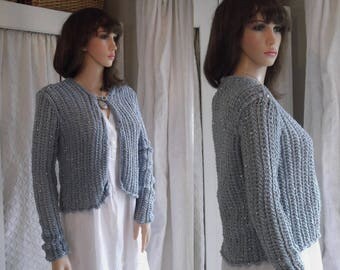 Hand Knitted Grey cardigan Hand knit sweater Hand knitted jacket Grey handknit with silver sequins Lacy handknit A1115
