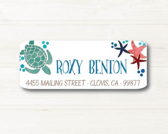 Turtle, Sea Life, Watercolor Style, Return Address Label, Personalized, MATTE, All Occasions, Beach, Ocean, Star Fish, Bubbles