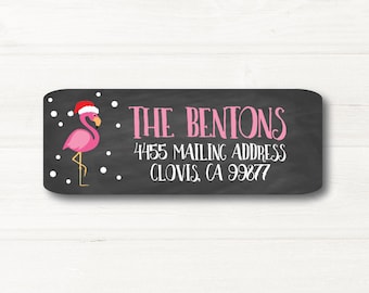 Flamingo, Santa Hat, Christmas, Return Address Label, Personalized, MATTE, Chalkboard Style Background, Holiday, Festive