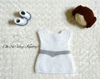 Handmade Princess Leia Inspired Baby Costume/ Crochet Princess Leia Wig, Dress & Booties/Star Wars Costume/Princess Photo Prop