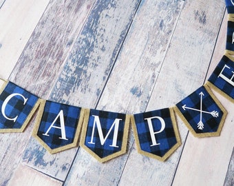 Buffalo Plaid Burlap Banner, Woodland Baby Shower Banner, Adventure Baby Banner, Nursery Baby Banner, Blue Fabric Banner, Camping Burlap