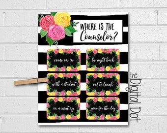 School Counselor Door Sign, Where Is The Counselor Door Sign, Guidance Counselor Gift, Door Print, Floral Watercolor Print, Roses, Stripes