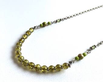 Necklace Peridot Glass Beads Silver Chain