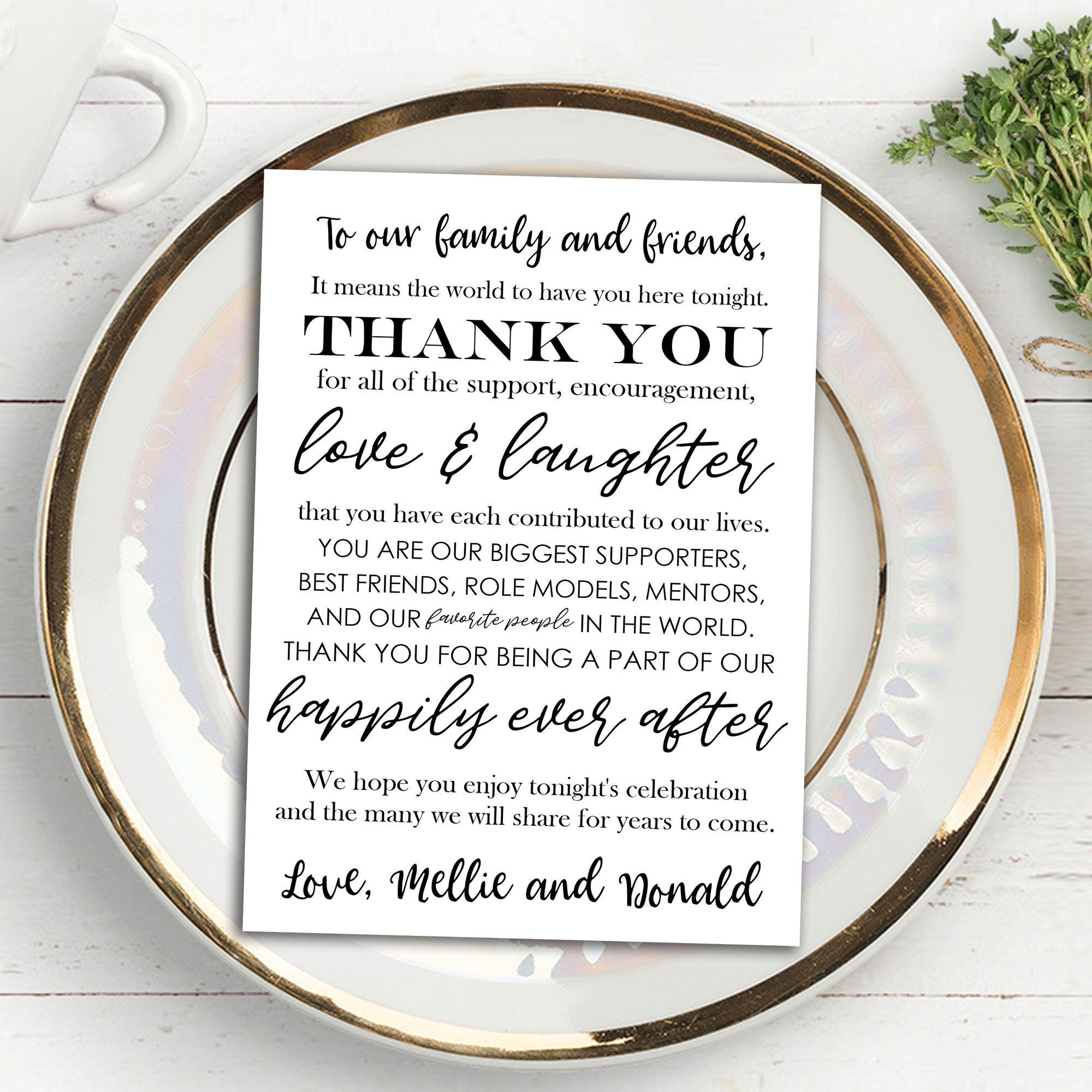 Printable Wedding Thank You Note Place Card Placemat Wedding