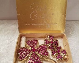 Vintage Pink Crystal Sarah Coventry Flower Brooch and Clip Earrings