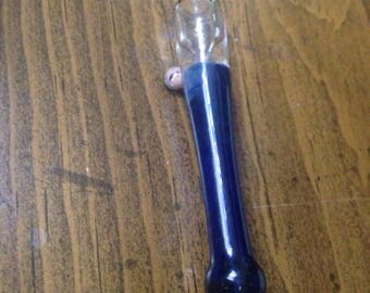 Water blue smoking glass one hitter - glass chillum with gold dot - gold and blue glass smoking pipe. One hit straight glass bat.