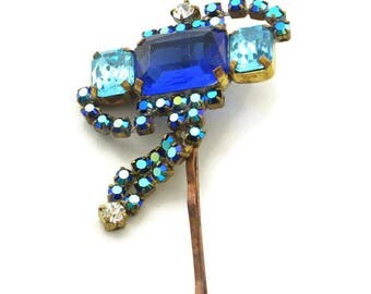 Sale - Christmas in July Blue Rhinestone Hair Pin, Rhinestone Hair Clip, Gift for Her, Colored Hair Barrette, Vintage Bobby Pin, Vintage Hai